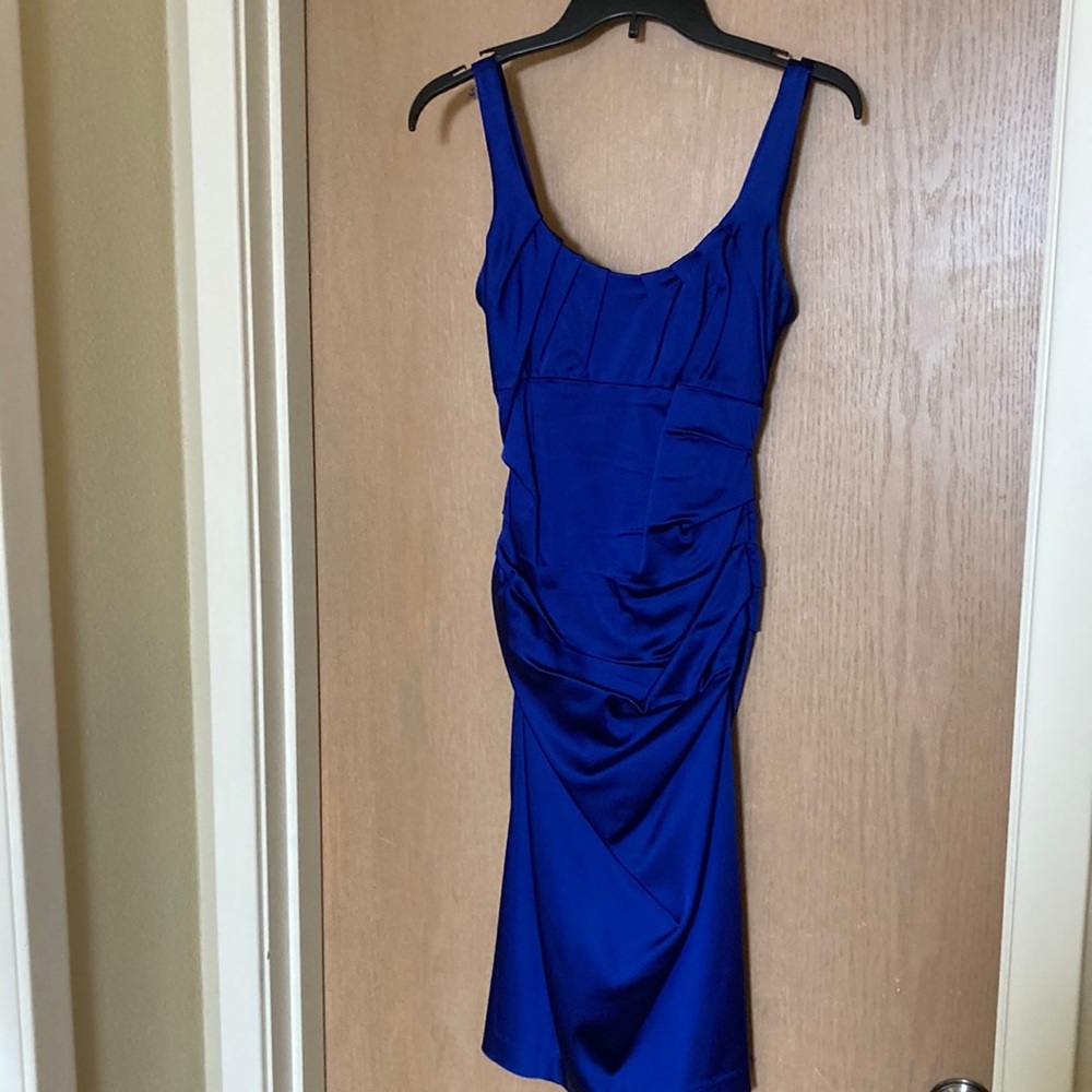Suzi Chin for Maggy boutique royal blue satin ruched dress